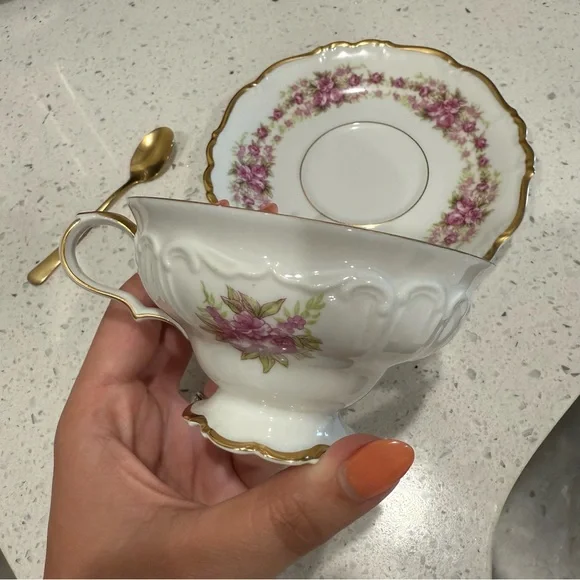 Floral Teacup and Saucer Set with Gold Trim - Picture 2 of 4